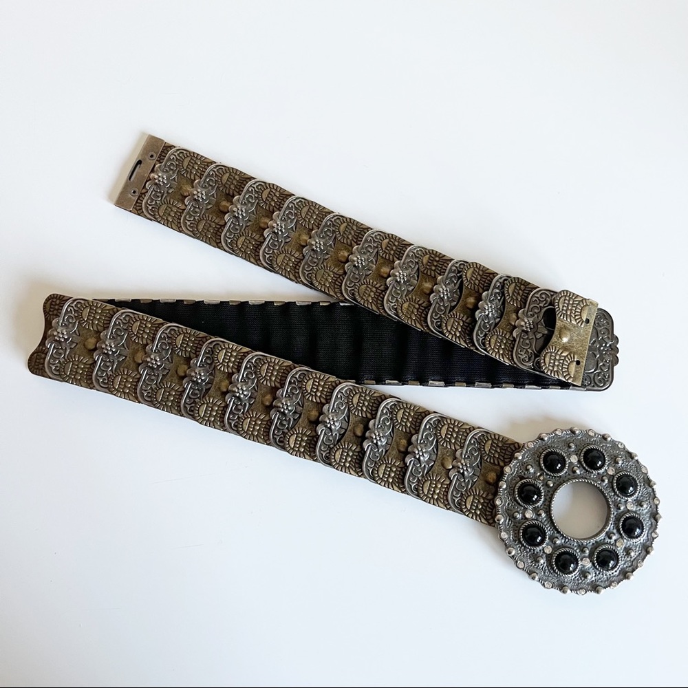 Antique Silver Bronze Metal Beaded Rhinestone Buckle Elastic Band Belt 31 - Picture 3 of 14